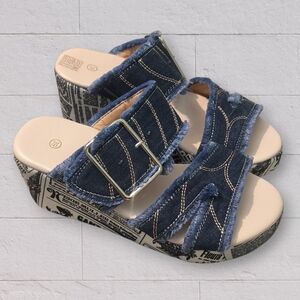 Denim Wedge Sandals with Buckle NWOT